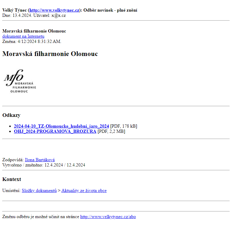 Odběr novinek ze dne 13.4.2024 - dokument Moravská filharmonie Olomouc