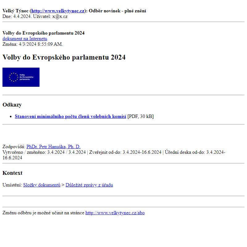Odběr novinek ze dne 4.4.2024 - dokument Volby do Evropského parlamentu 2024
