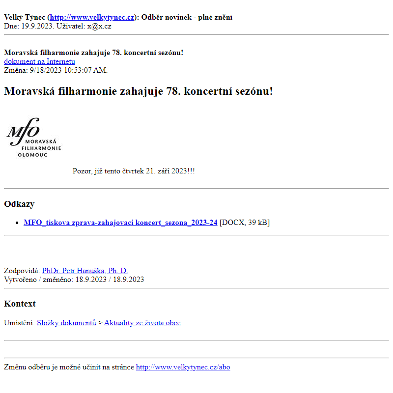 Odběr novinek ze dne 19.9.2023 - dokument Moravská filharmonie zahajuje 78. koncertní sezónu!