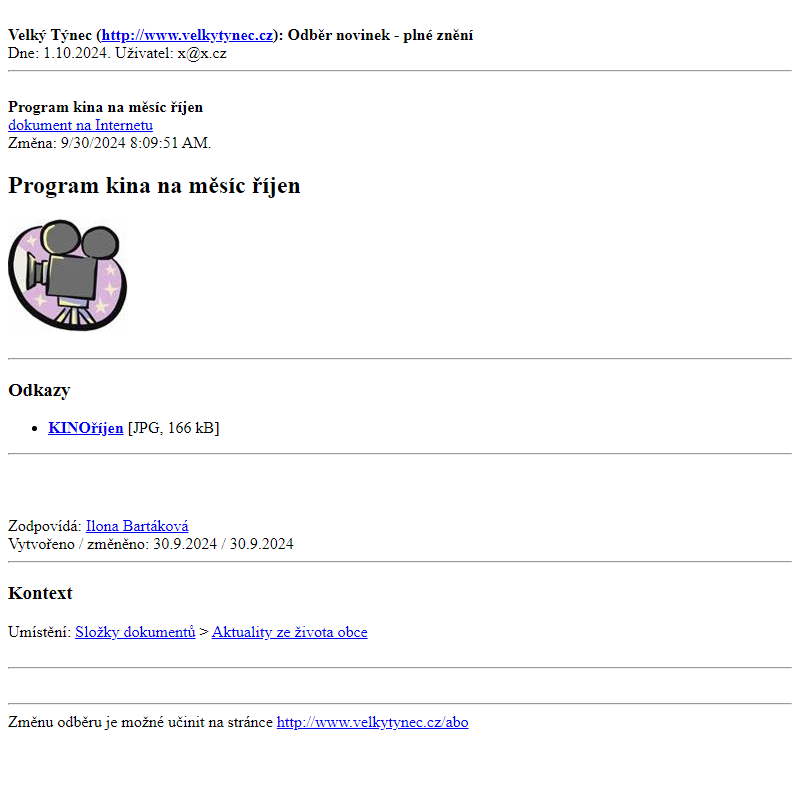 Odběr novinek ze dne 1.10.2024 - dokument Program kina na měsíc říjen