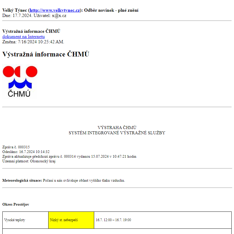Odběr novinek ze dne 17.7.2024 - dokument Výstražná informace ČHMÚ