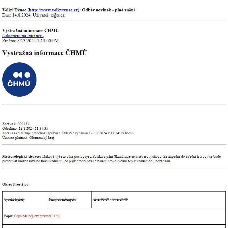 Odběr novinek ze dne 14.8.2024 - dokument Výstražná informace ČHMÚ