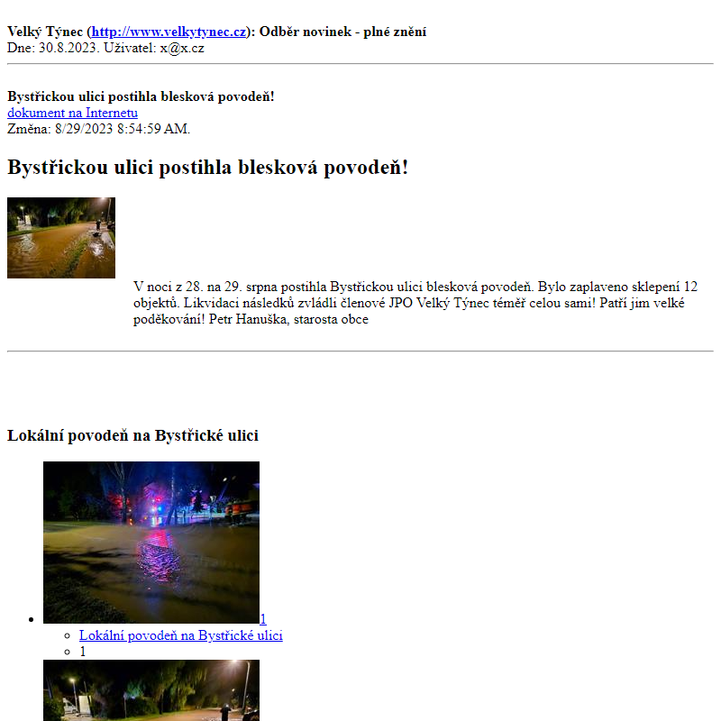 Odběr novinek ze dne 30.8.2023 - dokument Bystřickou ulici postihla blesková povodeň!