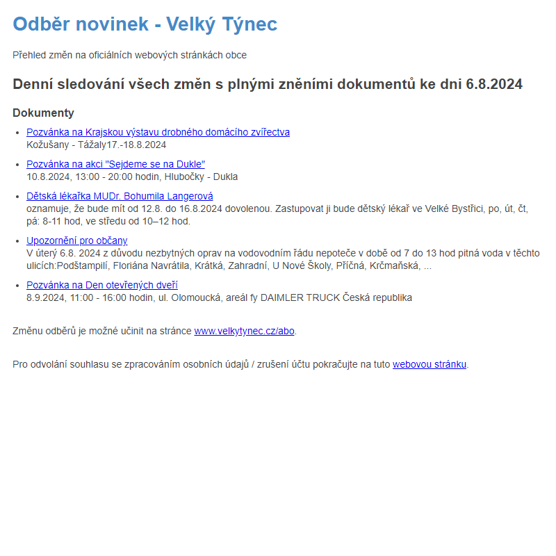 Odběr novinek ze dne 6.8.2024