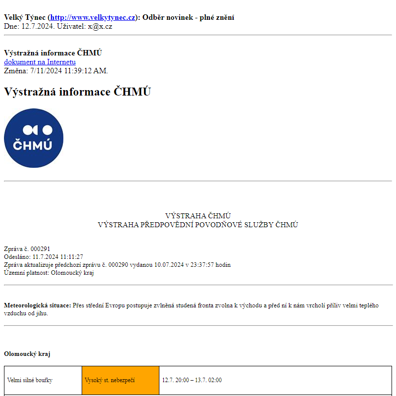 Odběr novinek ze dne 12.7.2024 - dokument Výstražná informace ČHMÚ