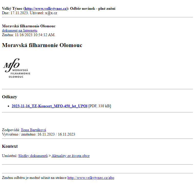 Odběr novinek ze dne 17.11.2023 - dokument Moravská filharmonie Olomouc