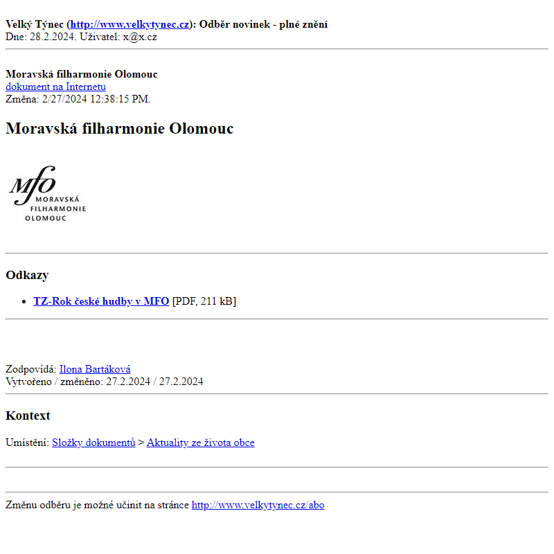 Odběr novinek ze dne 28.2.2024 - dokument Moravská filharmonie Olomouc