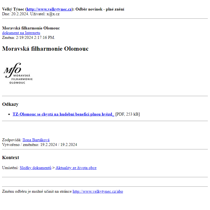 Odběr novinek ze dne 20.2.2024 - dokument Moravská filharmonie Olomouc