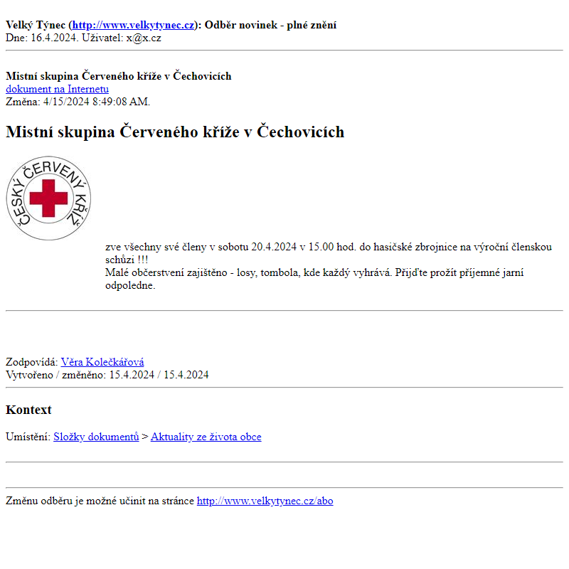 Odběr novinek ze dne 16.4.2024 - dokument Mistní skupina Červeného kříže v Čechovicích