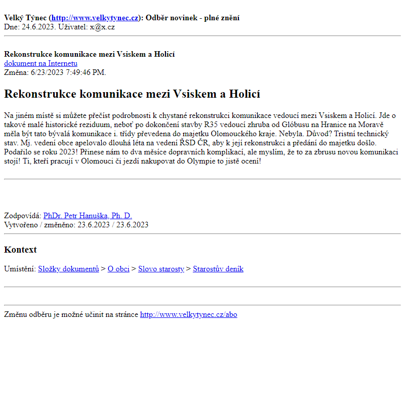 Odběr novinek ze dne 24.6.2023 - dokument Rekonstrukce komunikace mezi Vsiskem a Holicí