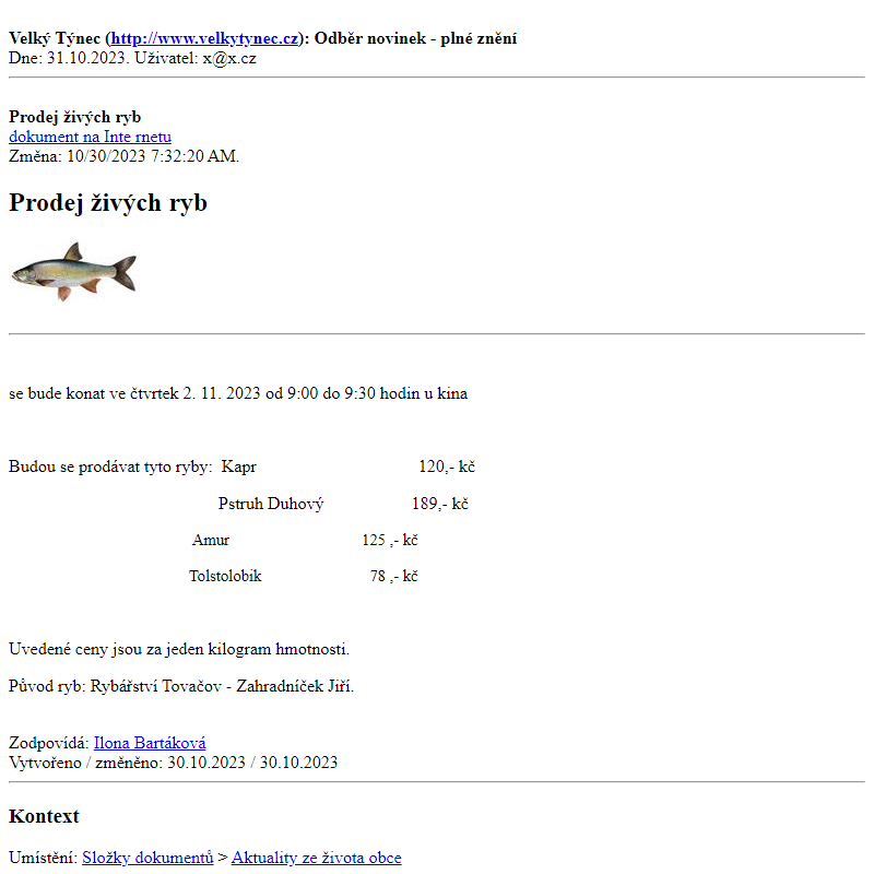 Odběr novinek ze dne 31.10.2023 - dokument Prodej živých ryb