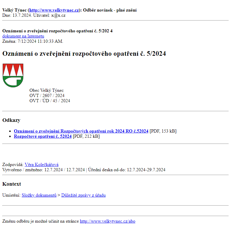 Odběr novinek ze dne 13.7.2024 - dokument Oznámení o zveřejnění rozpočtového opatření č. 5/2024