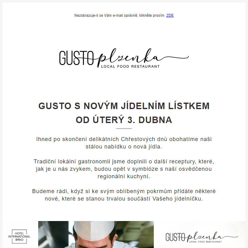 NOVÝ JÍDELNÍ LÍSTEK GUSTO RESTAURANT OD 30. 4. 2024