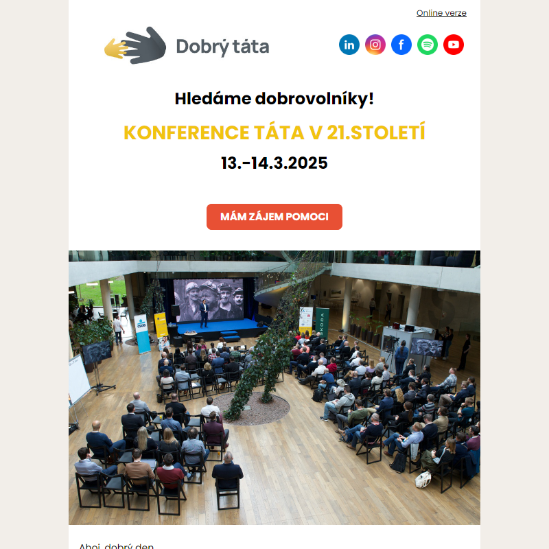 Hledáme dobrovolníky - Konference Táta v 21.století - 13.-14.3.2025