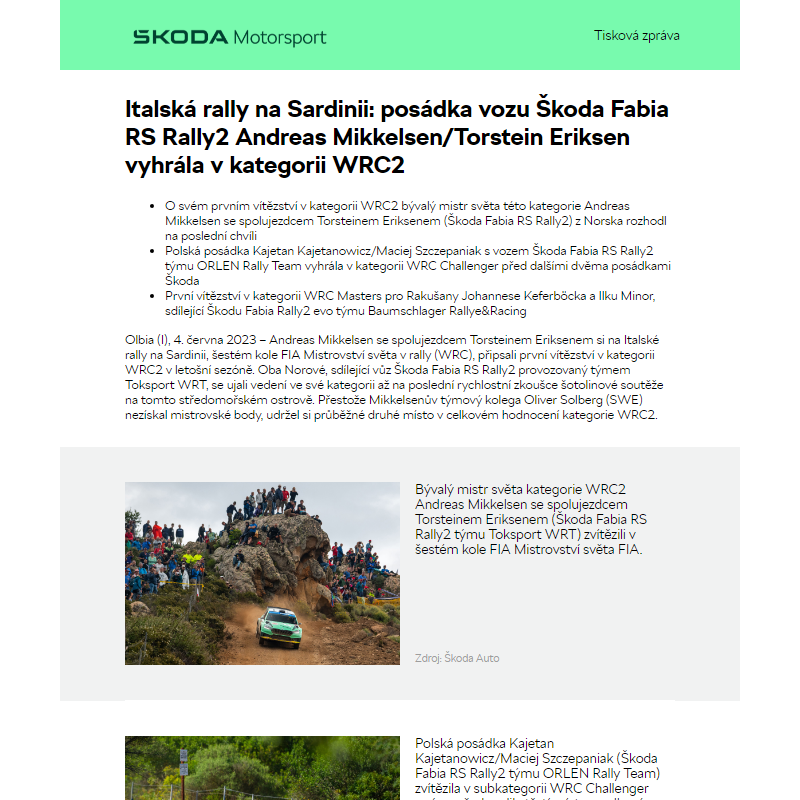 Italská rally na Sardinii: posádka vozu Škoda Fabia RS Rally2 Andreas Mikkelsen/Torstein Eriksen vyhrála v kategorii WRC2