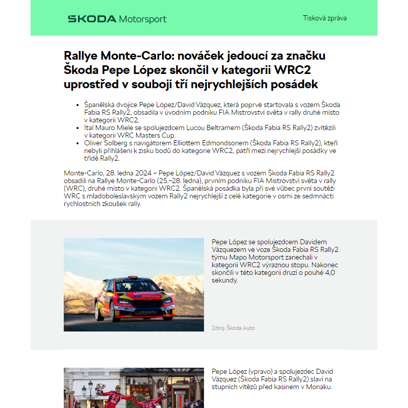 Rallye Monte-Carlo: nováček jedoucí za značku Škoda Pepe López skončil v kategorii WRC2 uprostřed v souboji tří nejrychlejších posádek