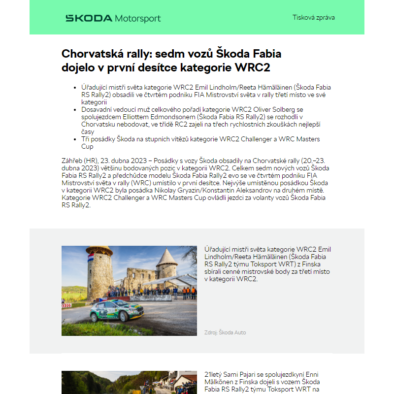 Chorvatská rally: sedm vozů Škoda Fabia  dojelo v první desítce kategorie WRC2