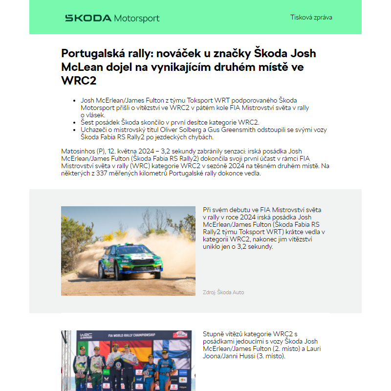 Portugalská rally: nováček u značky Škoda Josh McLean dojel na vynikajícím druhém místě ve WRC2