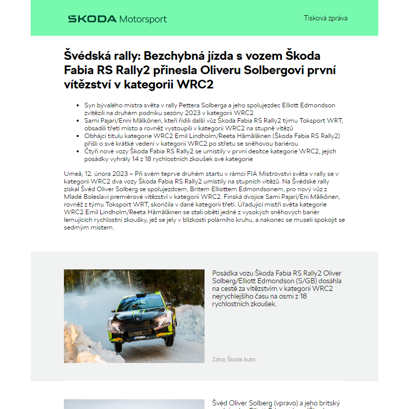 Švédská rally: Bezchybná jízda s vozem Škoda Fabia RS Rally2 přinesla Oliveru Solbergovi první vítězství v kategorii WRC2