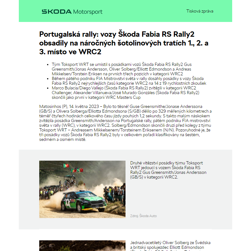 Portugalská rally: vozy Škoda Fabia RS Rally2 obsadily na náročných šotolinových tratích 1., 2. a 3. místo ve WRC2