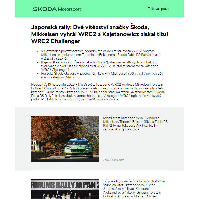Japonská rally: Dvě vítězství značky Škoda, Mikkelsen vyhrál WRC2 a Kajetanowicz získal titul WRC2 Challenger