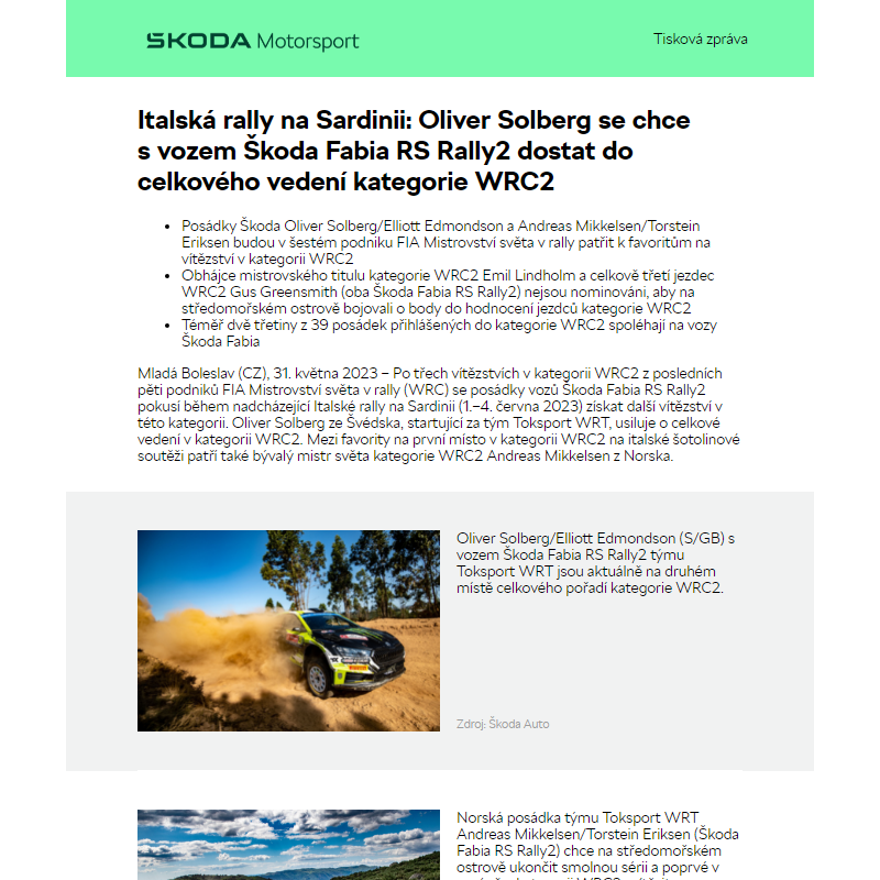 Italská rally na Sardinii: Oliver Solberg se chce s vozem Škoda Fabia RS Rally2 dostat do celkového vedení kategorie WRC2