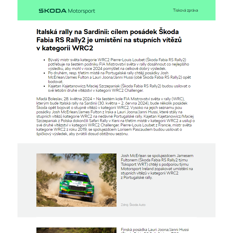 Italská rally na Sardinii: cílem posádek Škoda Fabia RS Rally2 je umístění na stupních vítězů v kategorii WRC2