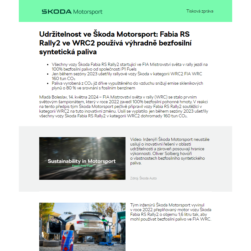 Udržitelnost ve Škoda Motorsport: Fabia RS Rally2 ve WRC2 používá výhradně bezfosilní syntetická paliva
