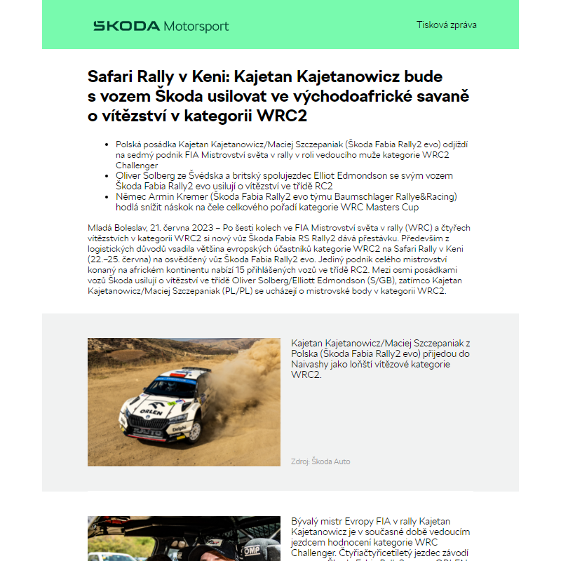 Safari Rally v Keni: Kajetan Kajetanowicz bude s vozem Škoda usilovat ve východoafrické savaně o vítězství v kategorii WRC2