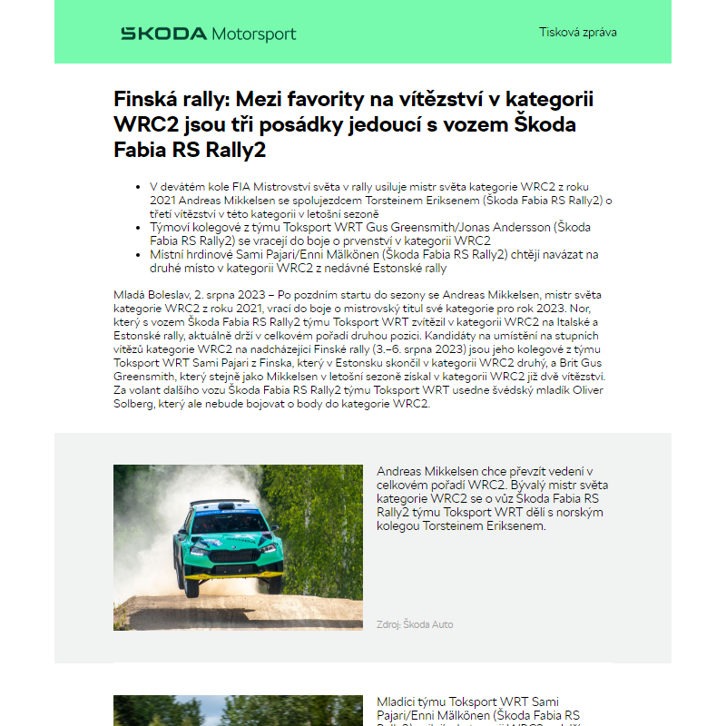Finská rally: Mezi favority na vítězství v kategorii WRC2  jsou tři posádky jedoucí s vozem Škoda Fabia RS Rally2