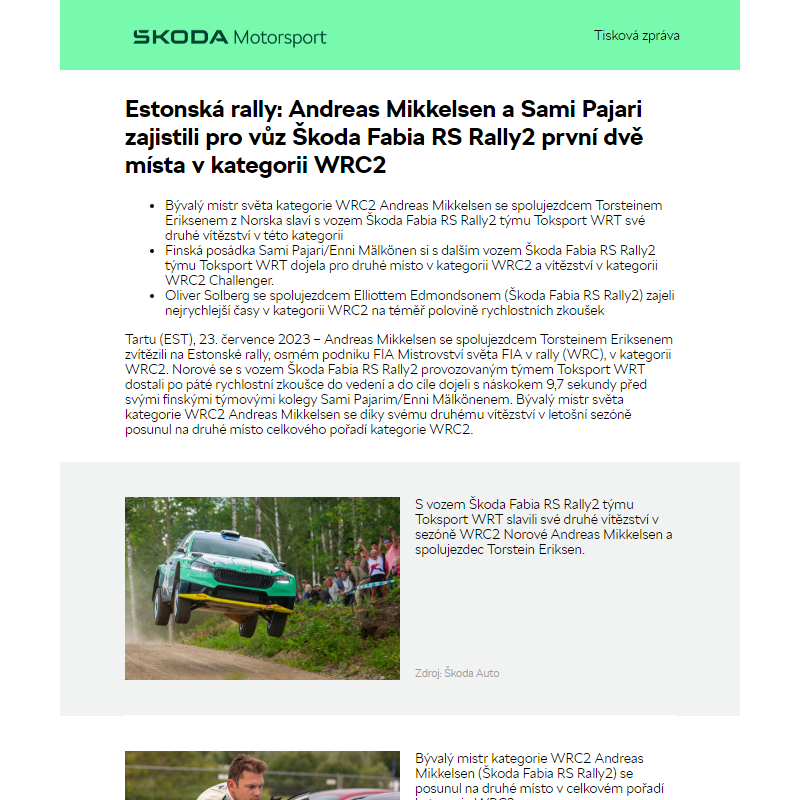Estonská rally: Andreas Mikkelsen a Sami Pajari zajistili pro vůz Škoda Fabia RS Rally2 první dvě místa v kategorii WRC2