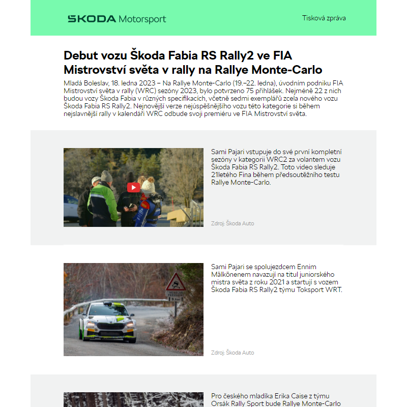 Debut vozu Škoda Fabia RS Rally2 ve FIA Mistrovství světa v rally na Rallye Monte-Carlo