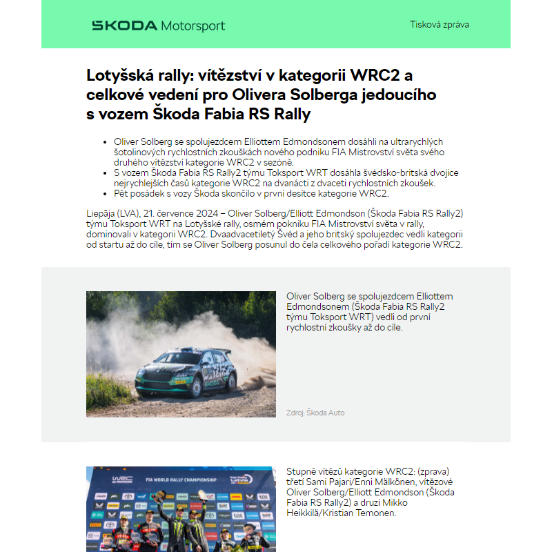 Lotyšská rally: vítězství v kategorii WRC2 a celkové vedení pro Olivera Solberga jedoucího s vozem Škoda Fabia RS Rally