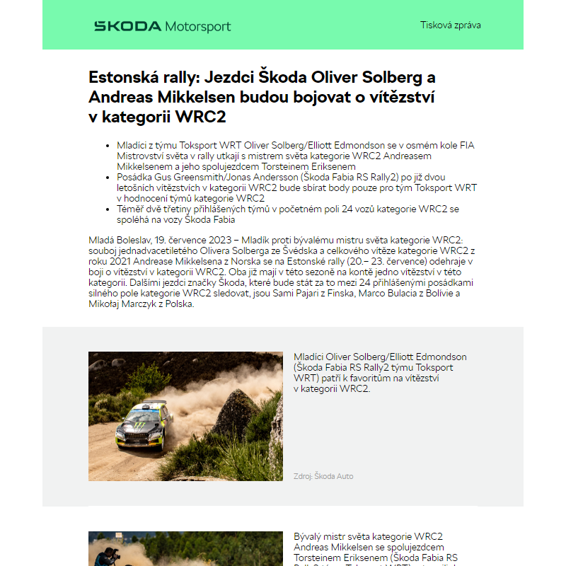 Estonská rally: Jezdci Škoda Oliver Solberg a  Andreas Mikkelsen budou bojovat o vítězství v kategorii WRC2