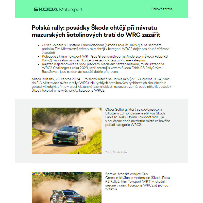 Polská rally: posádky Škoda chtějí při návratu mazurských šotolinových tratí do WRC zazářit