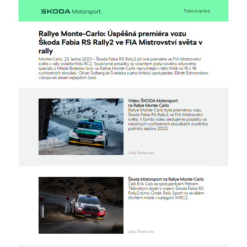 Rallye Monte-Carlo: Úspěšná premiéra vozu  Škoda Fabia RS Rally2 ve FIA Mistrovství světa v rally