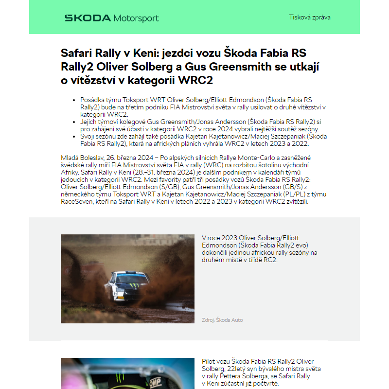 Safari Rally v Keni: jezdci vozu Škoda Fabia RS Rally2 Oliver Solberg a Gus Greensmith se utkají o vítězství v kategorii WRC2
