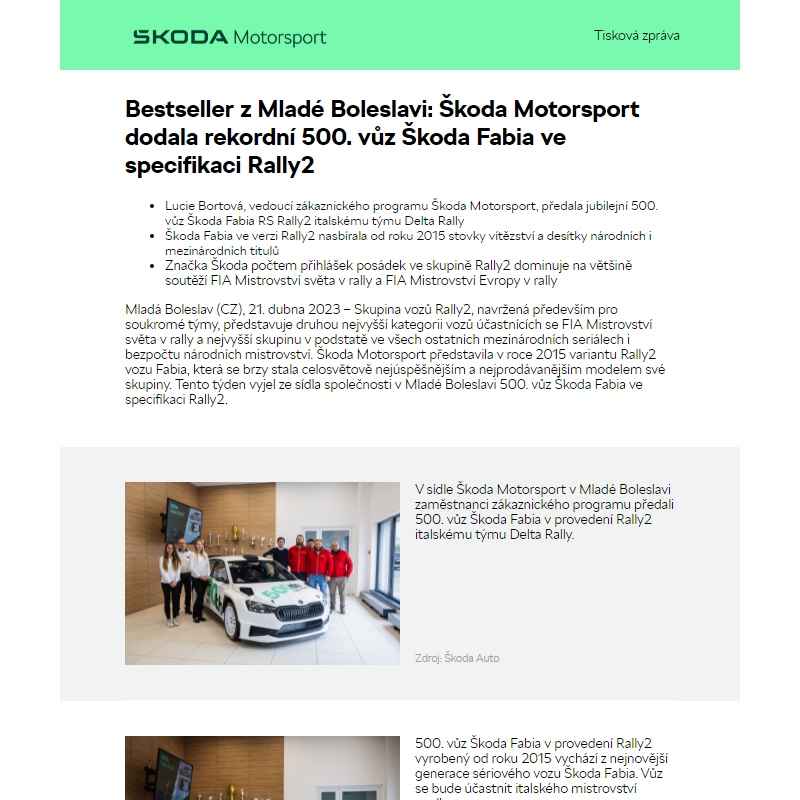 Bestseller z Mladé Boleslavi: Škoda Motorsport dodala rekordní 500. vůz Škoda Fabia ve specifikaci Rally2