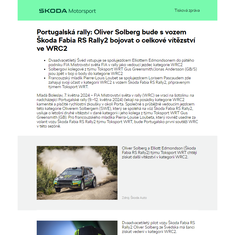 Portugalská rally: Oliver Solberg bude s vozem Škoda Fabia RS Rally2 bojovat o celkové vítězství ve WRC2