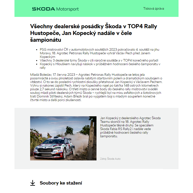 Všechny dealerské posádky Škoda v TOP4 Rally Hustopeče, Jan Kopecký nadále v čele šampionátu