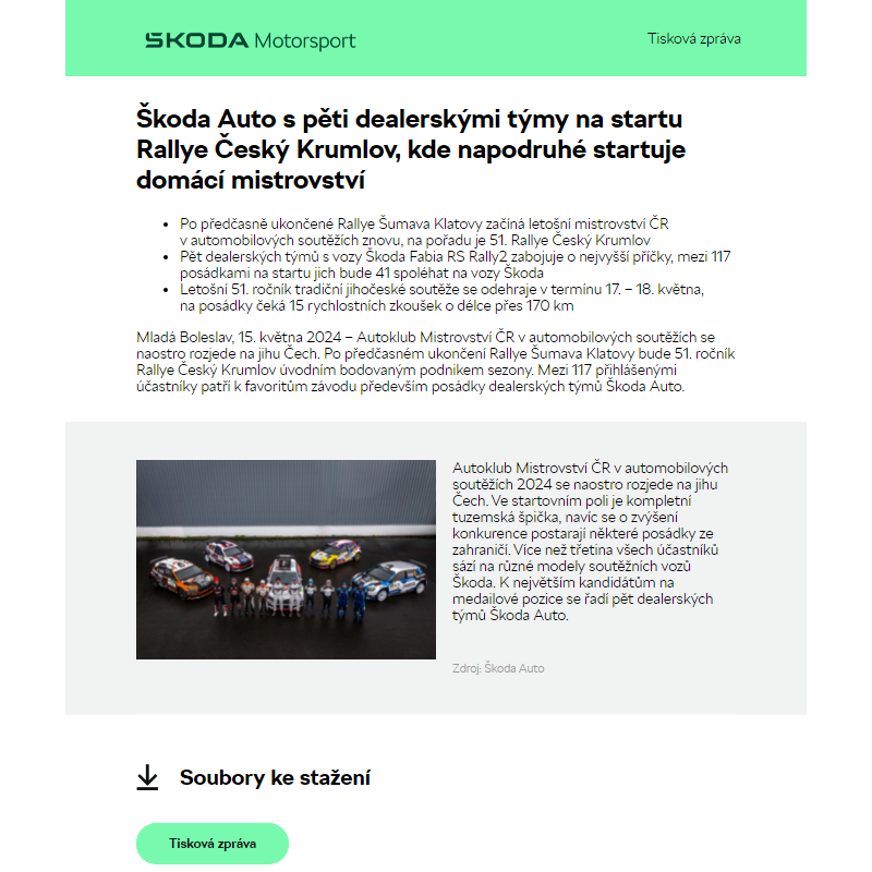 Škoda Auto s pěti dealerskými týmy na startu Rallye Český Krumlov, kde napodruhé startuje domácí mistrovství