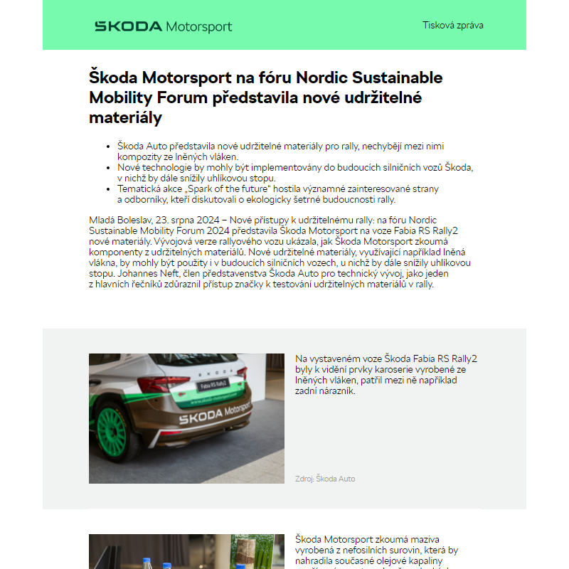 Škoda Motorsport na fóru Nordic Sustainable Mobility Forum představila nové udržitelné materiály