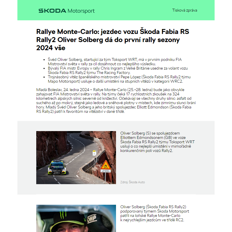 Rallye Monte-Carlo: jezdec vozu Škoda Fabia RS Rally2 Oliver Solberg dá do první rally sezony 2024 vše