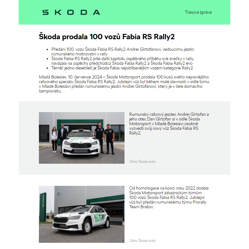 Škoda prodala 100 vozů Fabia RS Rally2