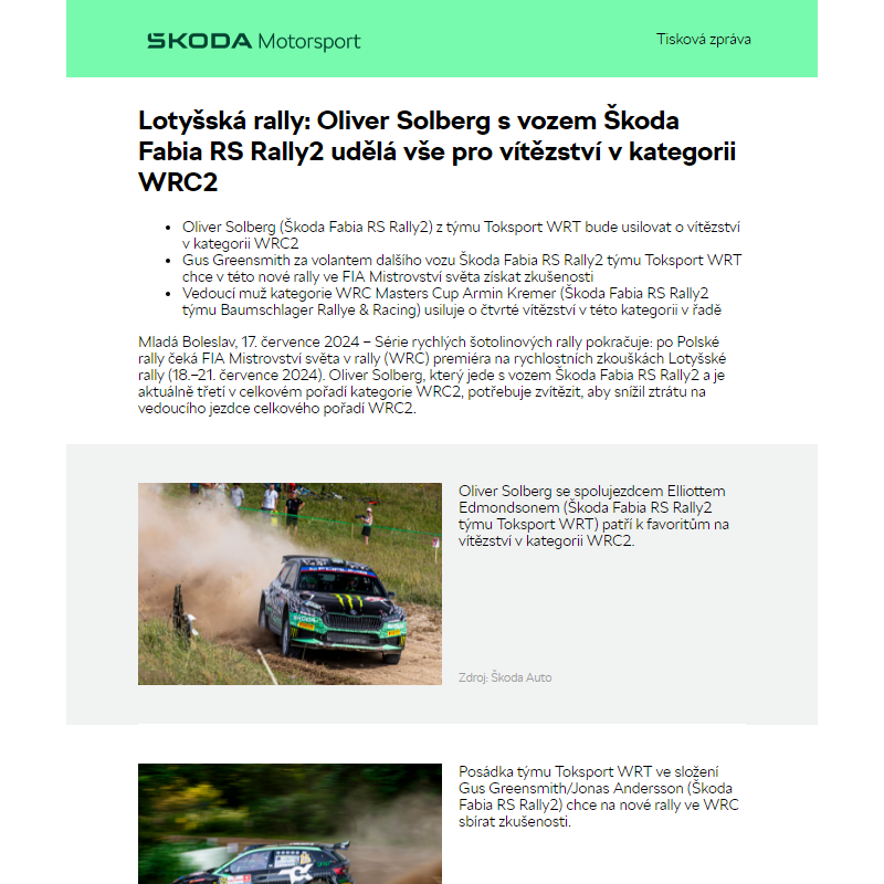 Lotyšská rally: Oliver Solberg s vozem Škoda Fabia RS Rally2 udělá vše pro vítězství v kategorii WRC2