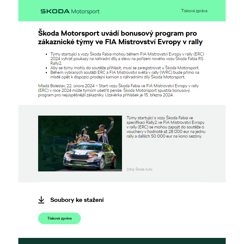 Škoda Motorsport uvádí bonusový program pro zákaznické týmy ve FIA Mistrovství Evropy v rally