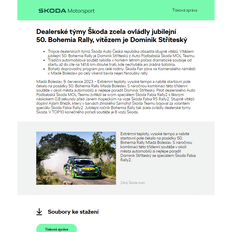 Dealerské týmy Škoda zcela ovládly jubilejní  50. Bohemia Rally, vítězem je Dominik Stříteský