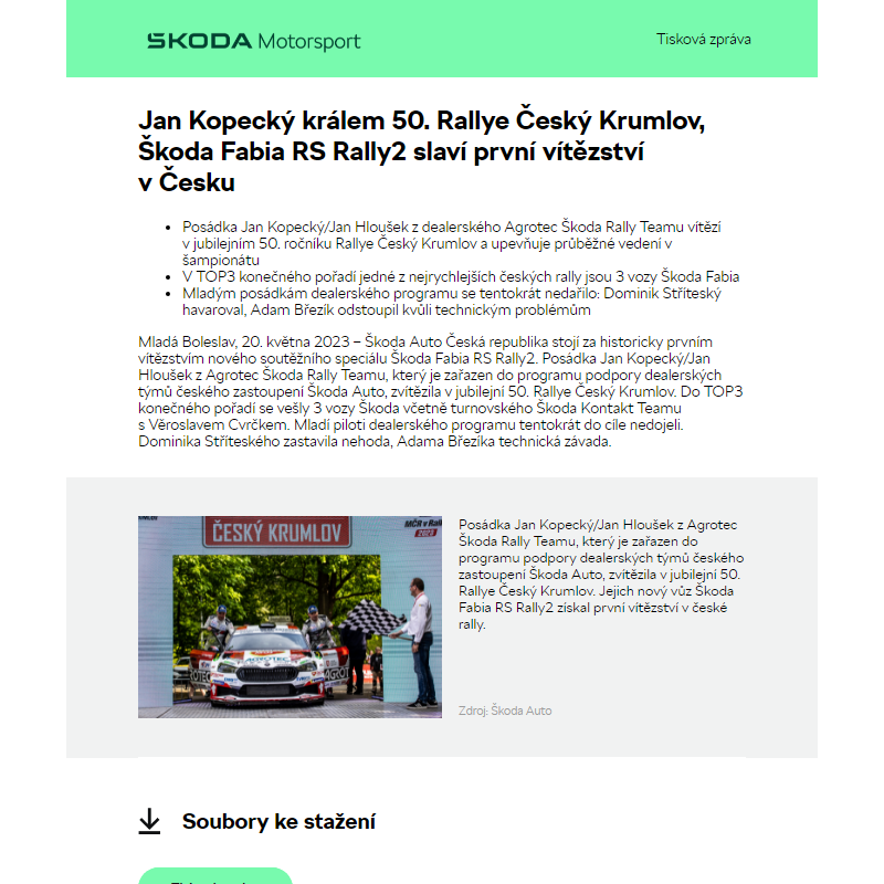 Jan Kopecký králem 50. Rallye Český Krumlov, Škoda Fabia RS Rally2 slaví první vítězství v Česku