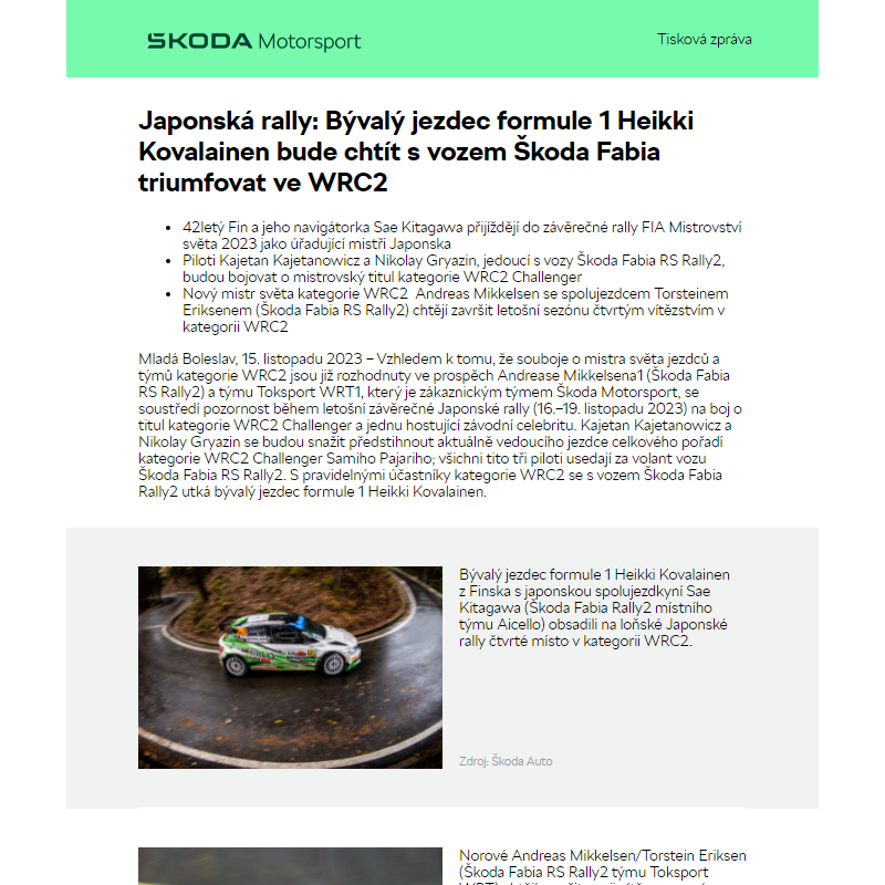 Japonská rally: Bývalý jezdec formule 1 Heikki Kovalainen bude chtít s vozem Škoda Fabia triumfovat ve WRC2