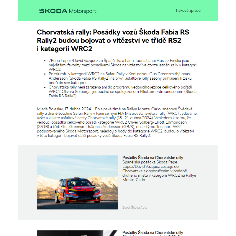 Chorvatská rally: Posádky vozů Škoda Fabia RS Rally2 budou bojovat o vítězství ve třídě RS2 i kategorii WRC2